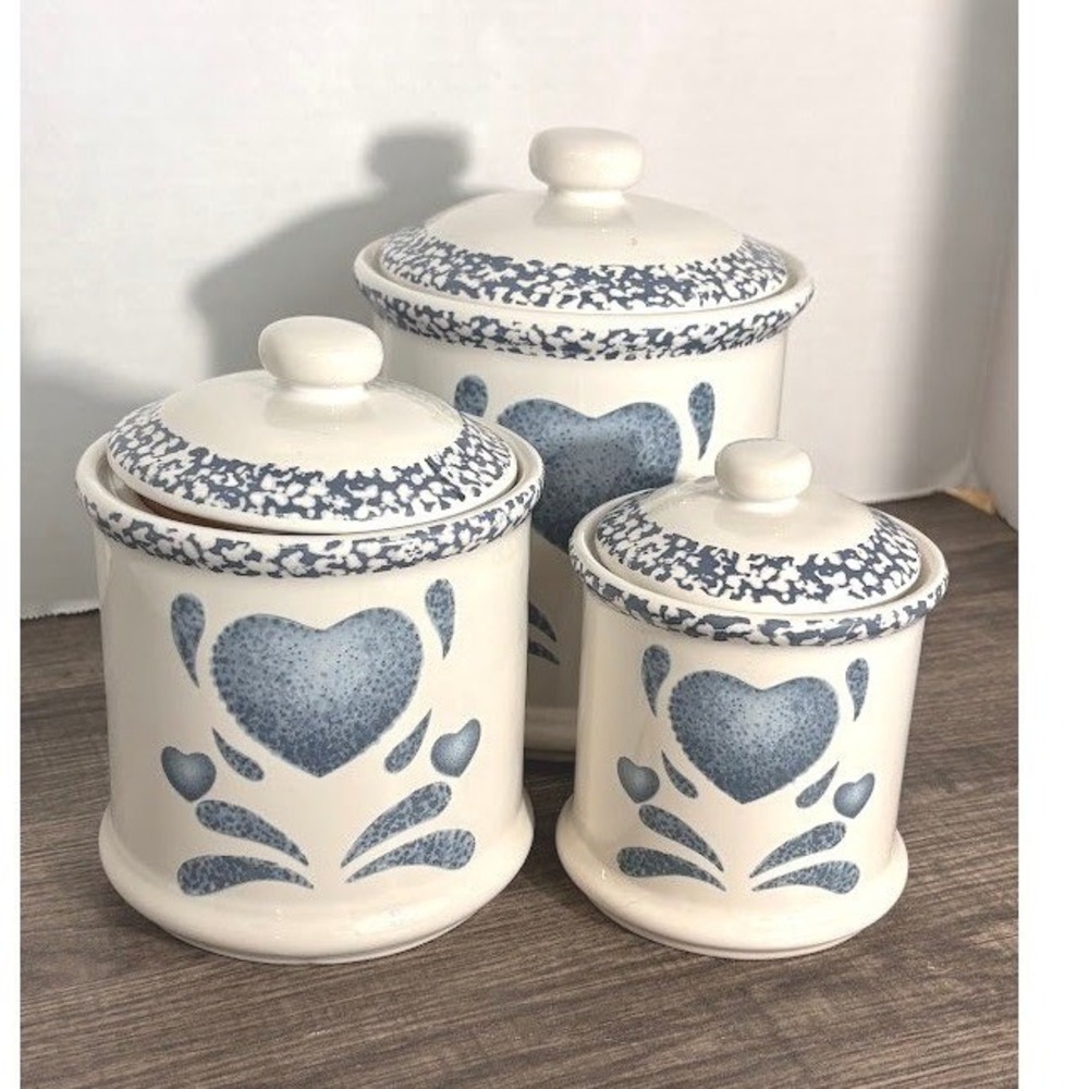 Jay Import Co Vintage Blue Heart Sponge Paint Ceramic Canister Set 3pc Farmhouse